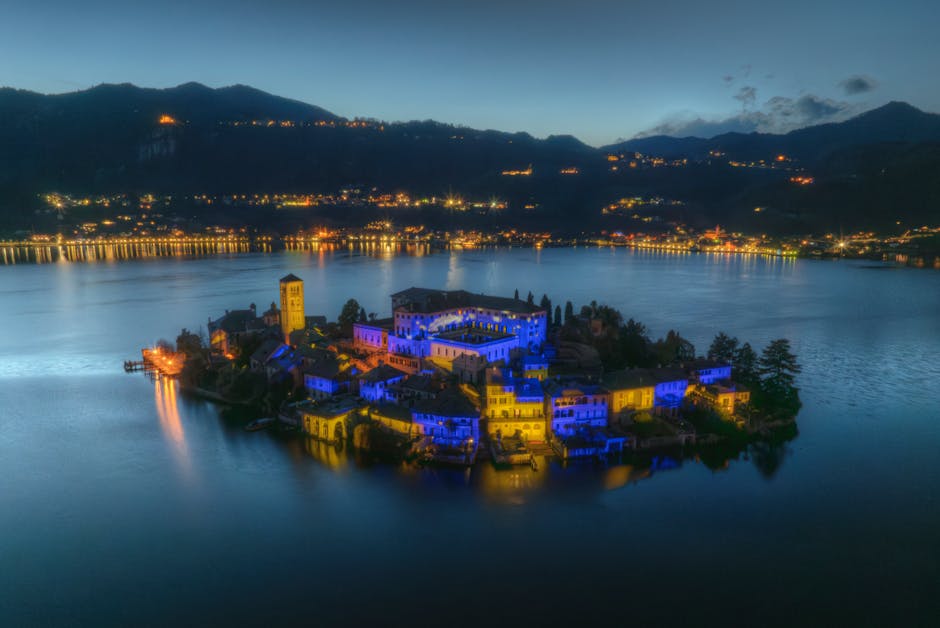 Aerial view of San Giulio Island at twilight